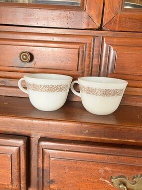 Pyrex White Mugs with Brown Floral Band - Set of 2